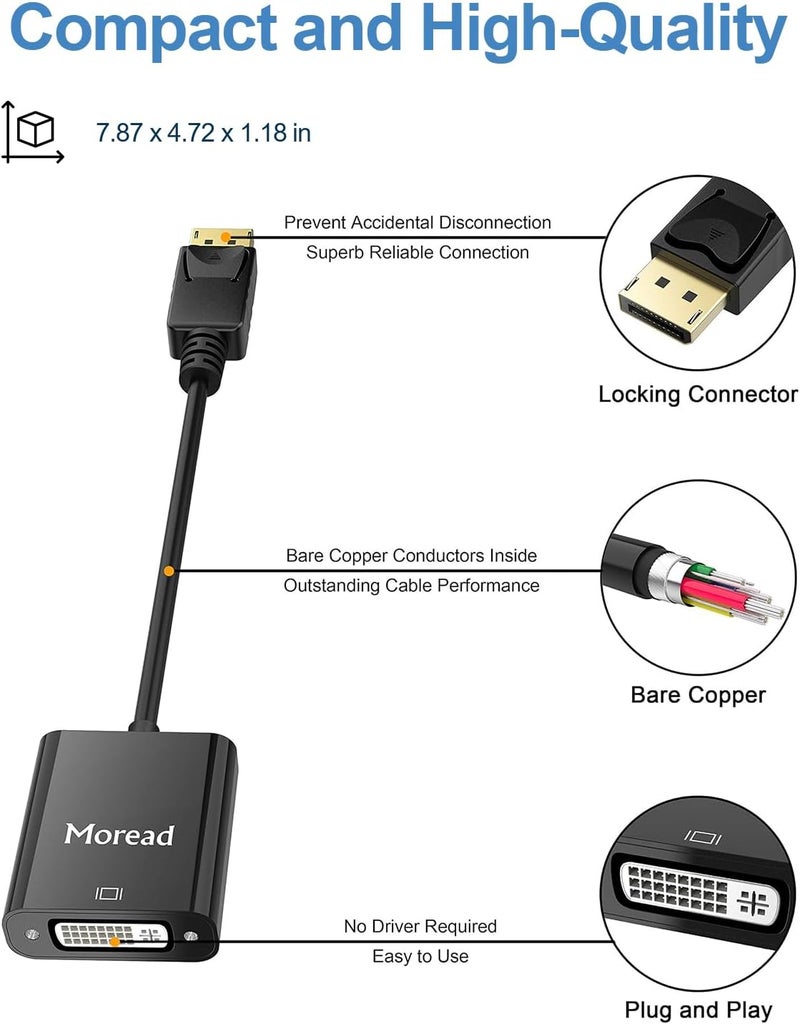 Moread DisplayPort (DP) to DVI Adapter, Gold-Plated Display Port to DVI-D Adapter (Male to Female) Compatible with Computer, Desktop, Laptop, PC, Monitor, Projector, HDTV - Black - Image 3